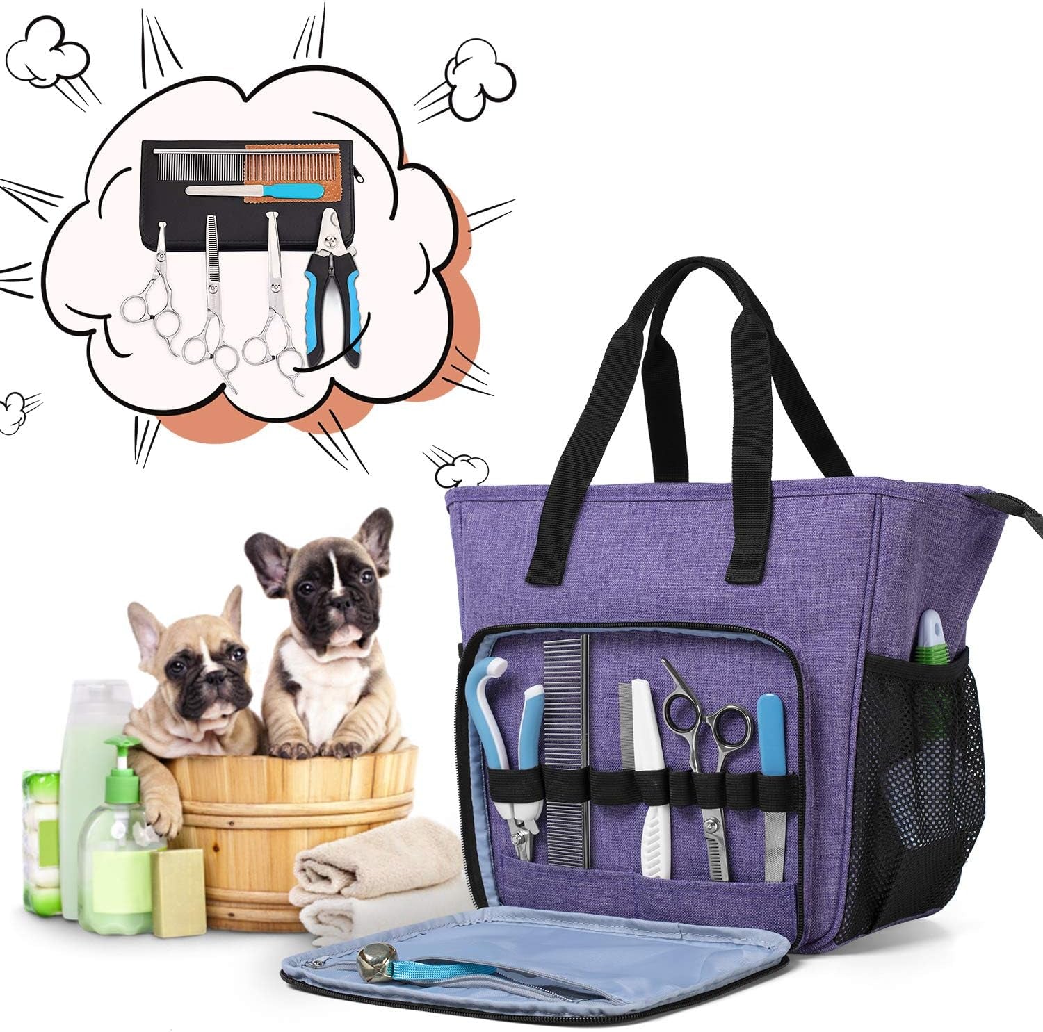 Pet Grooming Tote, Dog Grooming Supplies Organizer Bag for Grooming Shears, Deshedding Tool, Towels, Shampoo and More, Purple
