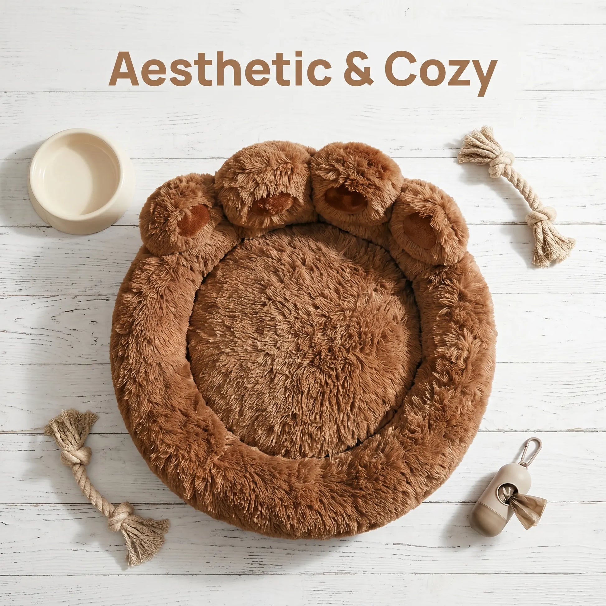 Calming Dog Bed Cat Bed, Cute Bear Paw Shape Plush Pet Bed, Warm Soft Fluffy Dog Bed with Removable Washable Cushion Non-Slip Bottom, 35.4In 43.3In in Khaki Gray Pink