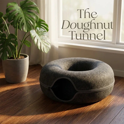 Felt Donut Cat Tunnel Bed, 2-In-1 Washable Detachable Pet Hideaway Cave, All-Season Warm Cozy Indoor Cat Sleeping Nest, Secure Zipper Design, Easy Disassembly Storage Shaped Beds