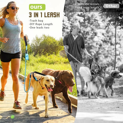 Double Dog Leash – Tangle Free Dual Leash with 360° Swivel, Shock Absorbing Bungee, Reflective Stitching & Hand-Braided Main Rope for Two Dogs