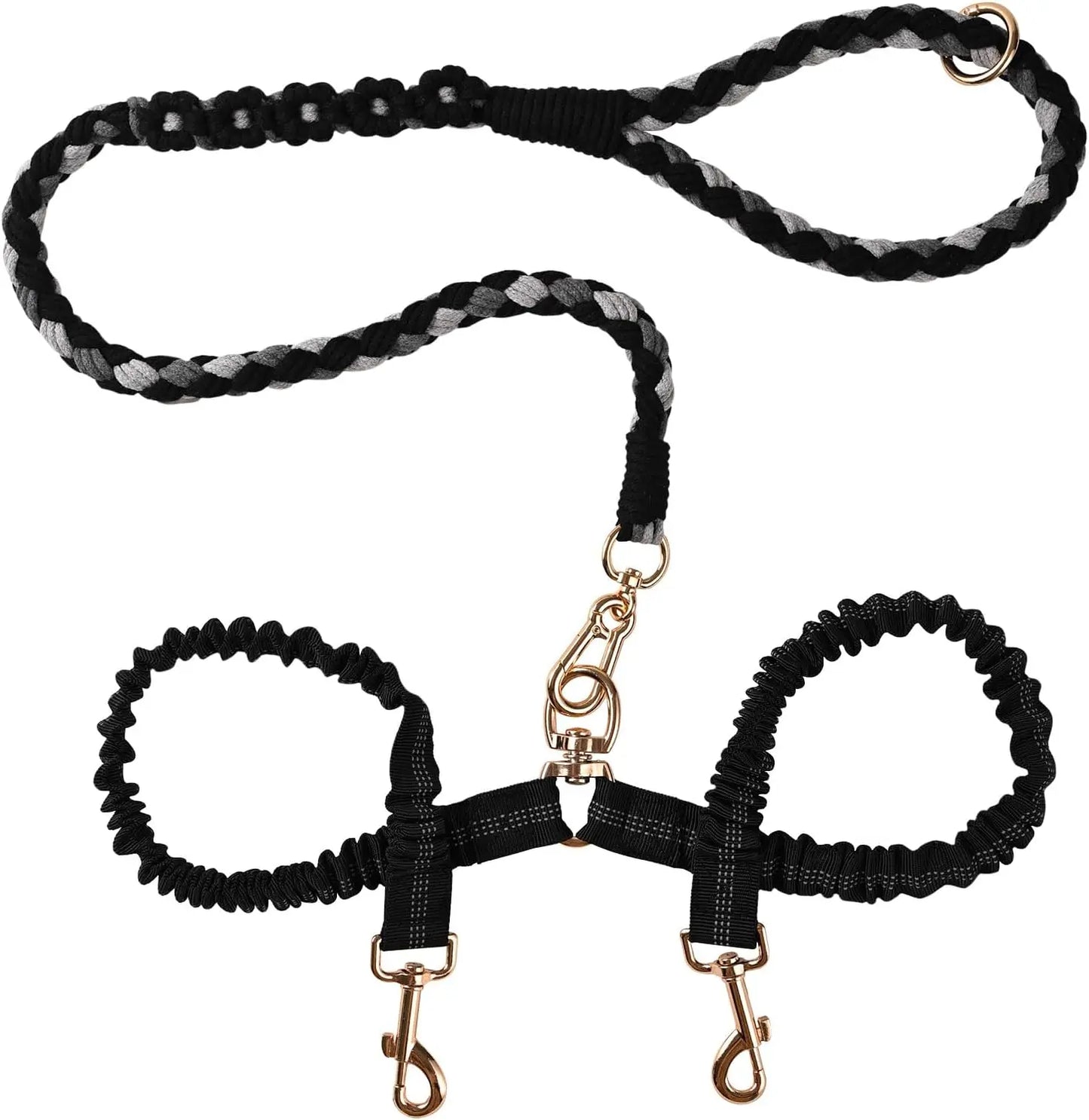 Double Dog Leash – Tangle Free Dual Leash with 360° Swivel, Shock Absorbing Bungee, Reflective Stitching & Hand-Braided Main Rope for Two Dogs
