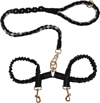 Double Dog Leash – Tangle Free Dual Leash with 360° Swivel, Shock Absorbing Bungee, Reflective Stitching & Hand-Braided Main Rope for Two Dogs
