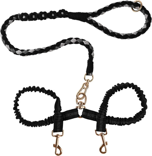 Double Dog Leash – Tangle Free Dual Leash with 360° Swivel, Shock Absorbing Bungee, Reflective Stitching & Hand-Braided Main Rope for Two Dogs