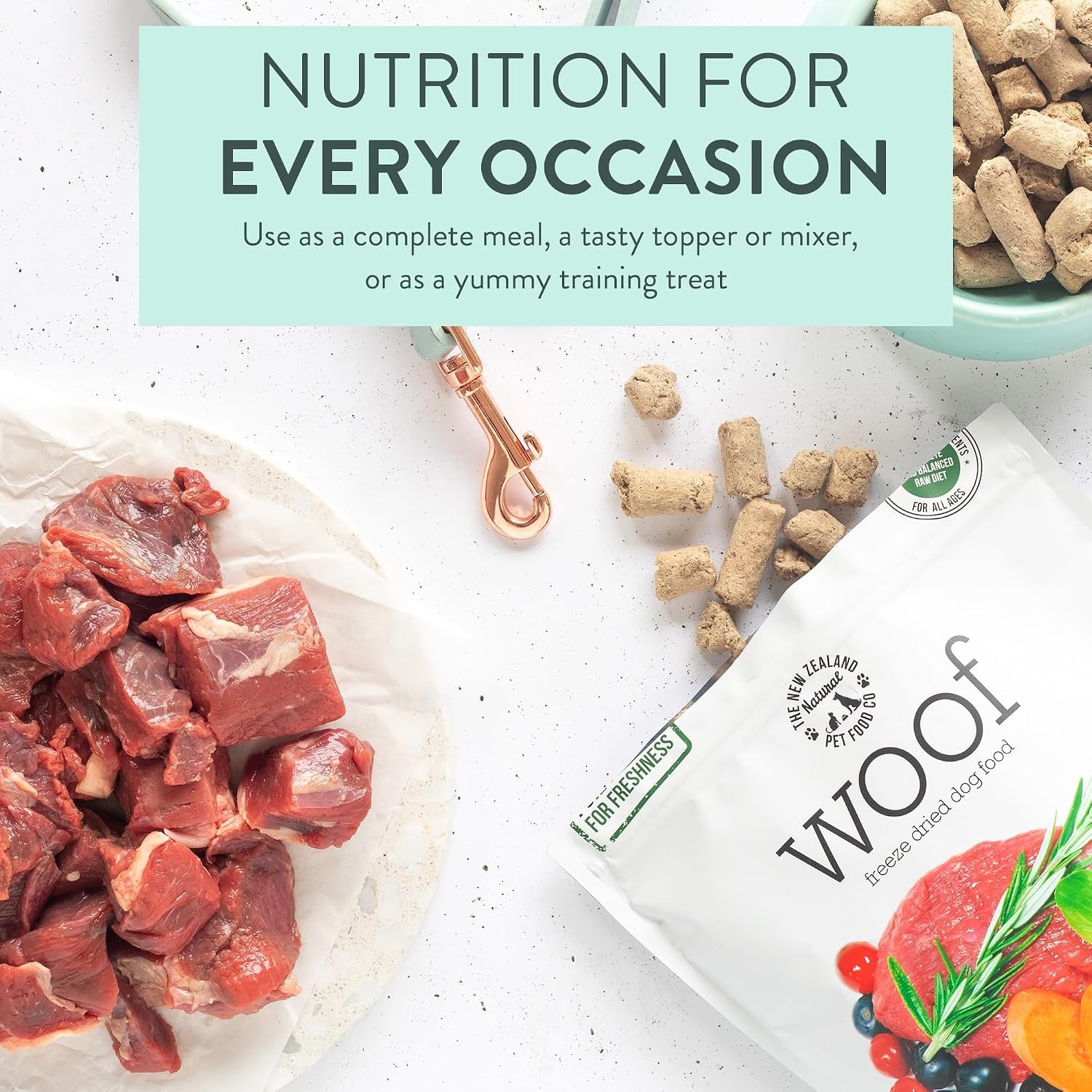 Woof Freeze Dried Dog Food - Wild Goat Recipe, High Protein, Complete Diet, Dog Treats, All Life Stages - 1.76 Oz