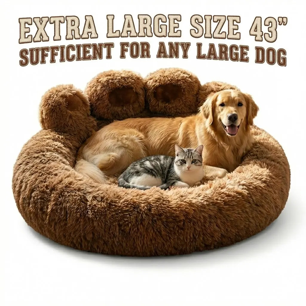 Calming Dog Bed Cat Bed, Cute Bear Paw Shape Plush Pet Bed, Warm Soft Fluffy Dog Bed with Removable Washable Cushion Non-Slip Bottom, 35.4In 43.3In in Khaki Gray Pink