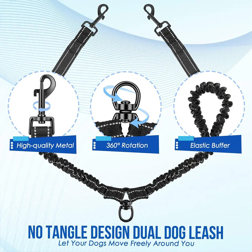 Double Dog Leash – Tangle Free Dual Leash with 360° Swivel, Shock Absorbing Bungee, Reflective Stitching & Hand-Braided Main Rope for Two Dogs