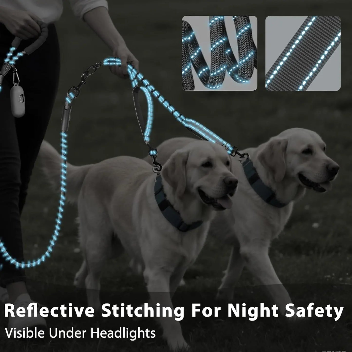 Double Dog Leash – Tangle Free Dual Leash with 360° Swivel, Shock Absorbing Bungee, Reflective Stitching & Hand-Braided Main Rope for Two Dogs