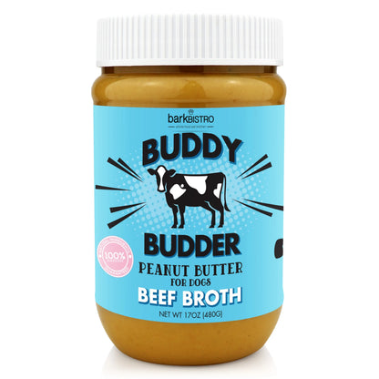 2Pk Beef Broth Budder Peanut Butter for Dogs - 17Oz + 4Oz Squeeze Pouch - Unsalted Beef Broth Treat, All Natural with No Added Sugar or Salt, Freezing Optional Protein Dog Food Meals