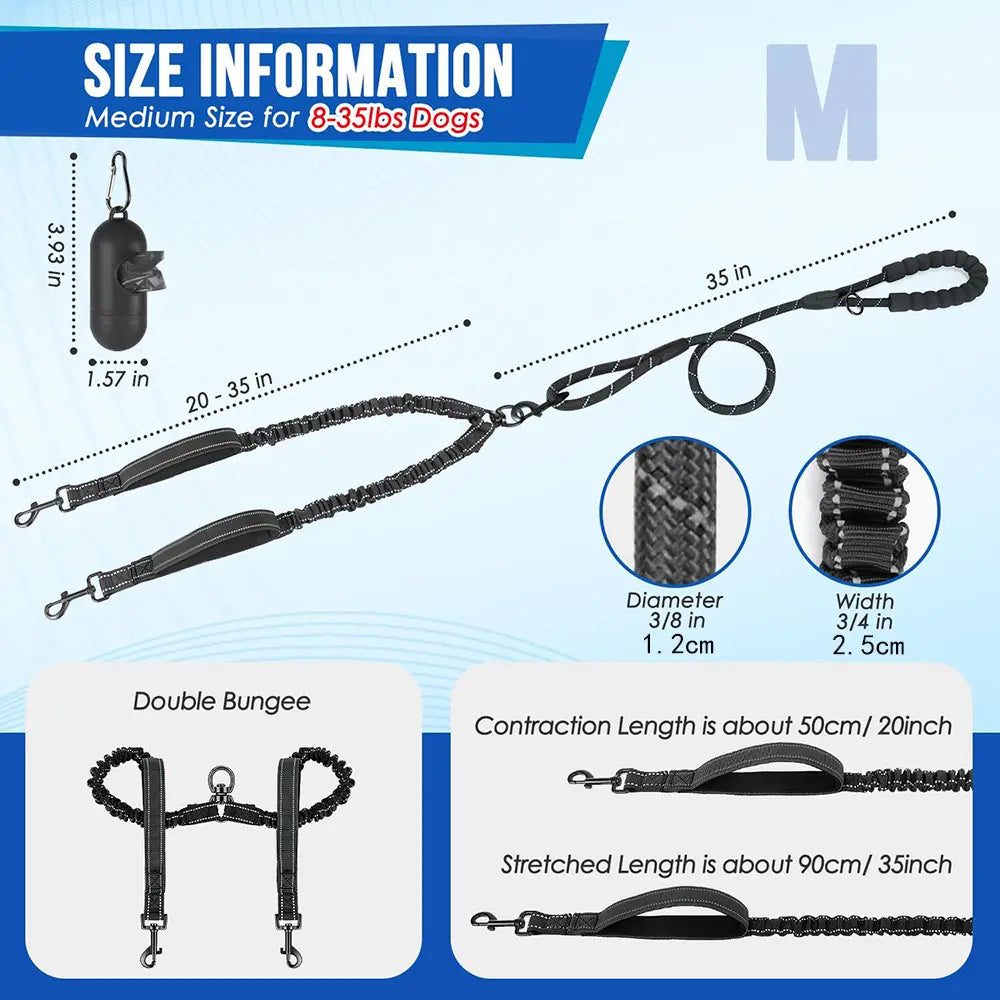 Double Dog Leash – Tangle Free Dual Leash with 360° Swivel, Shock Absorbing Bungee, Reflective Stitching & Hand-Braided Main Rope for Two Dogs