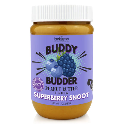 2Pk Superberry Snoot Buddy Budder Peanut Butter Dog Treats 17Oz + 4Oz Squeeze Pouch- Unsalted Peanuts & Strawberries, Natural, 12 Months, Single Item