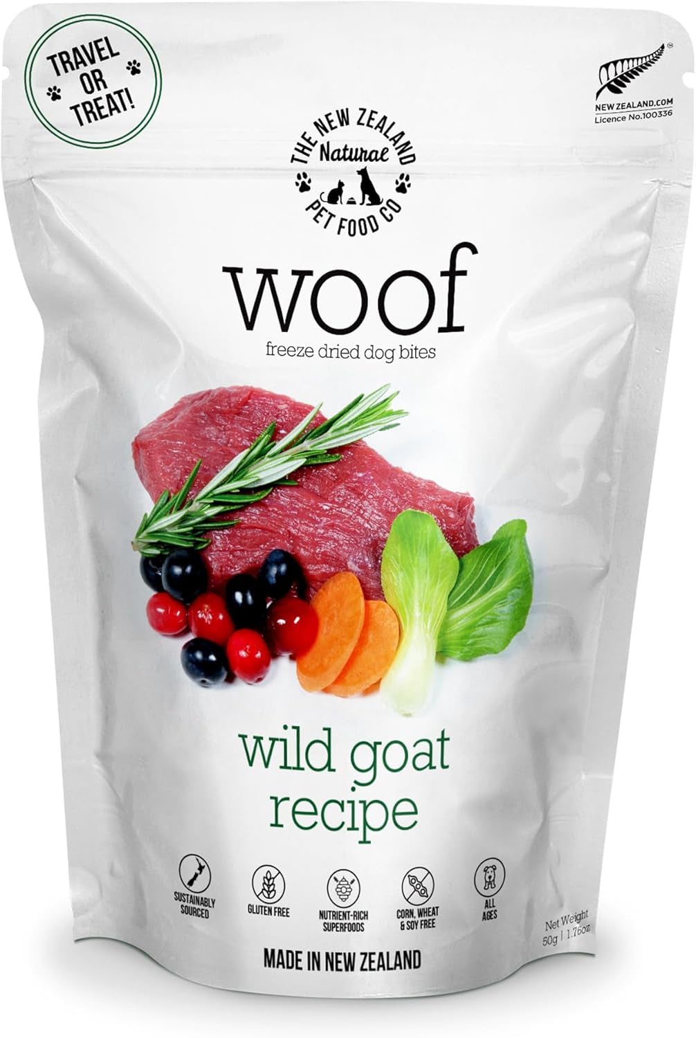 Woof Freeze Dried Dog Food - Wild Goat Recipe, High Protein, Complete Diet, Dog Treats, All Life Stages - 1.76 Oz