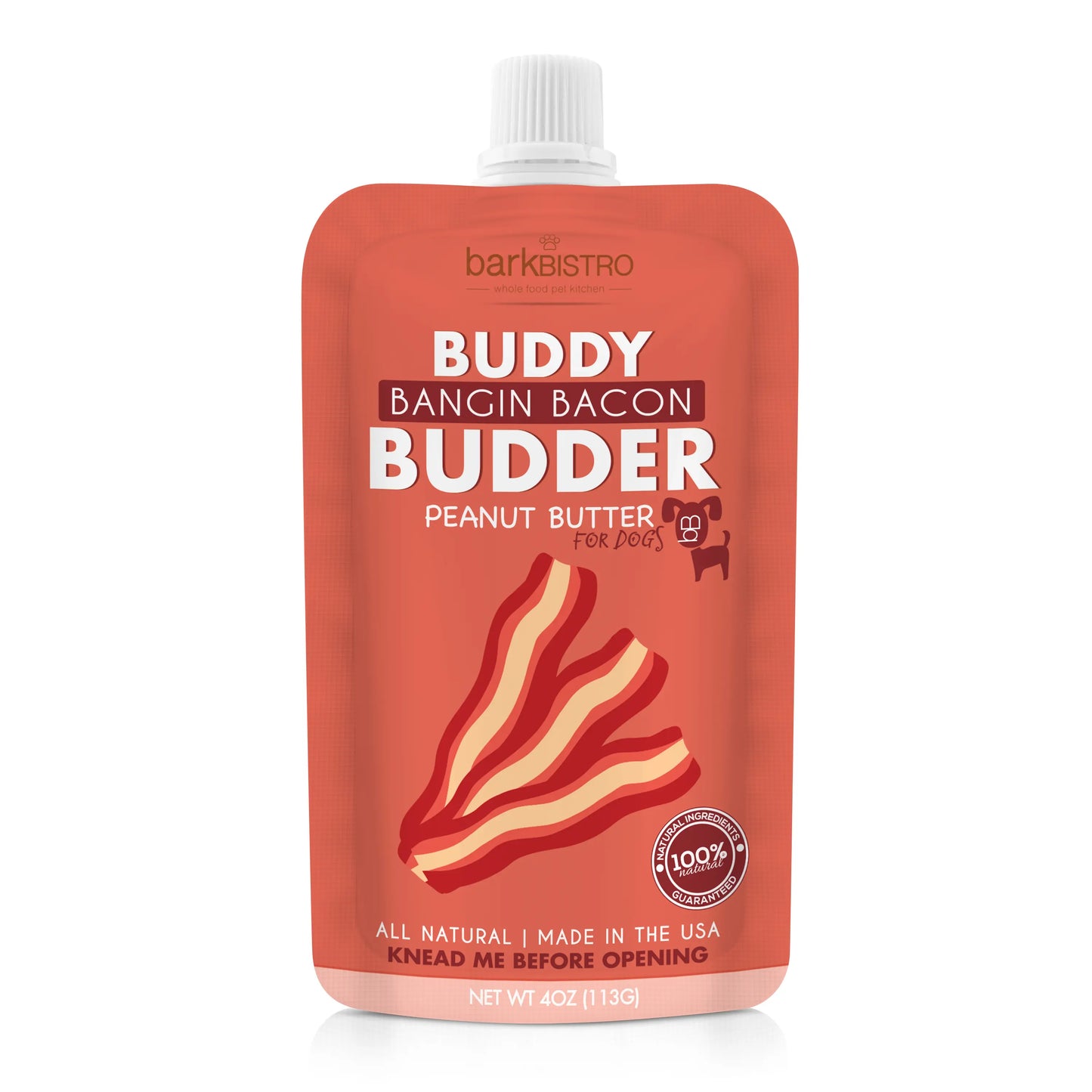 2Pk Bangin Bacon Buddy Budder Peanut Butter Dog Treats Bacon 17Oz + 4Oz Squeeze Pouch - All Natural, Use with Dog Enrichment, Training, Treating, Traveling