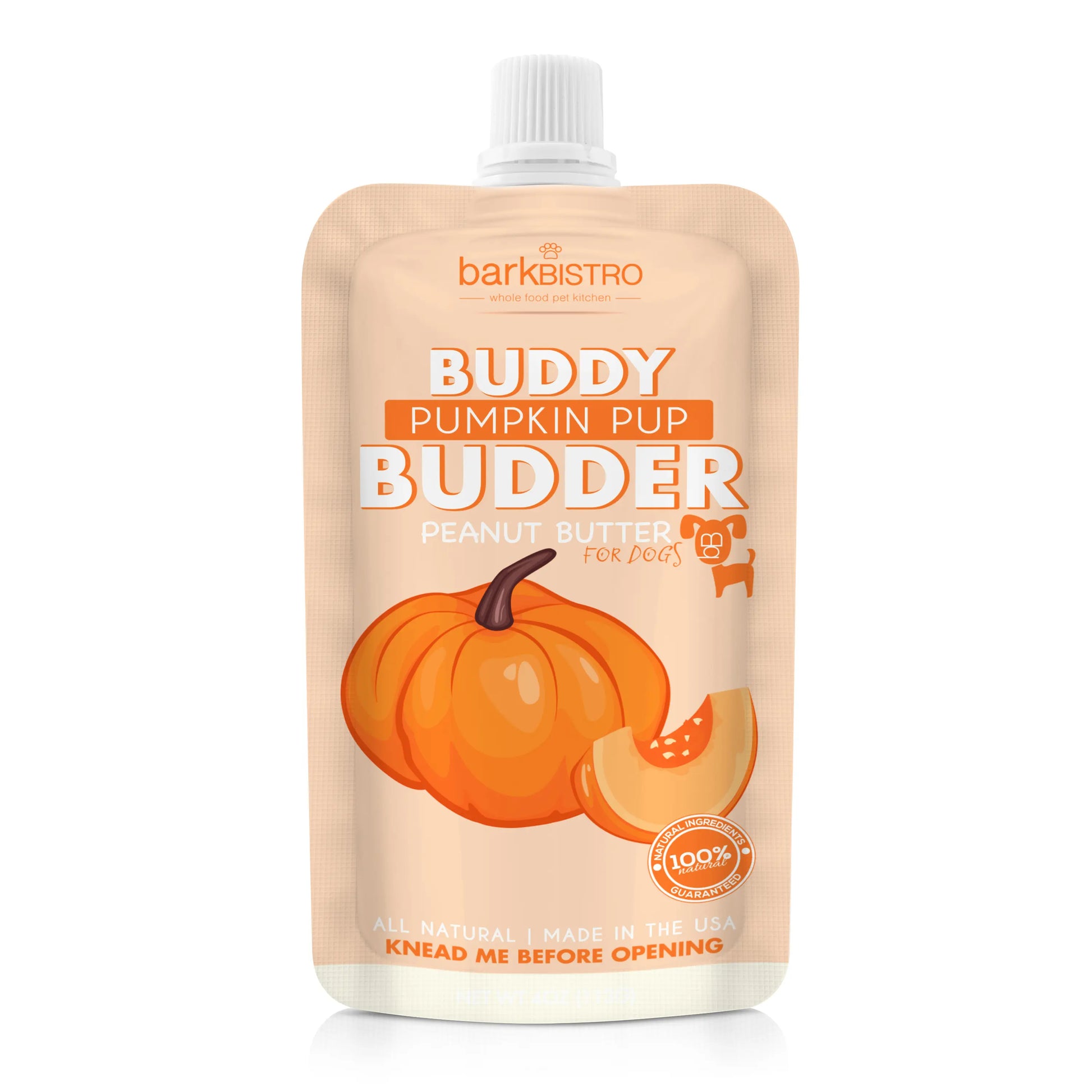 2Pk Pumpkin Pup Buddy Budder 17Oz + 4Oz Squeeze Pouch- Peanut Butter Dog Treat, All Natural, Perfect for Enrichement, Training, Treat