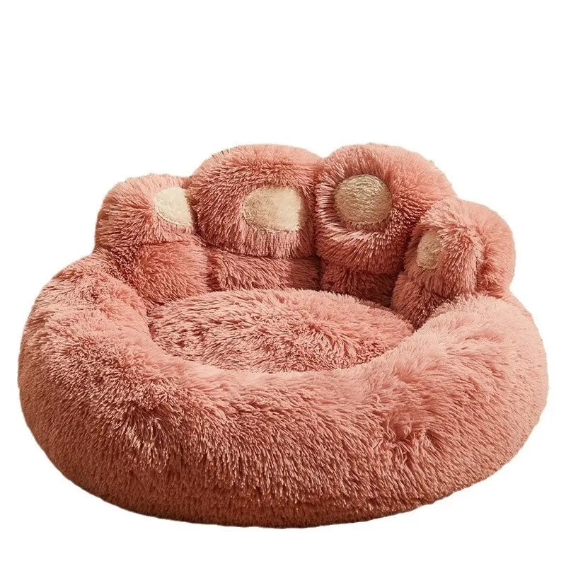 Calming Dog Bed Cat Bed, Cute Bear Paw Shape Plush Pet Bed, Warm Soft Fluffy Dog Bed with Removable Washable Cushion Non-Slip Bottom, 35.4In 43.3In in Khaki Gray Pink