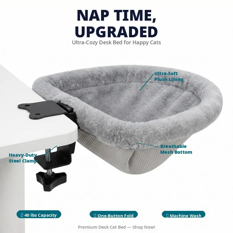 ZERO PET Cat Desk Hammock Bed - Rotating Cat Bed Fordesk or Table,Upgraded Clamp with Spongepad, Holds up to 45LBS, Soft & Sturdy Catnest for Indoor Cats Machine Washable