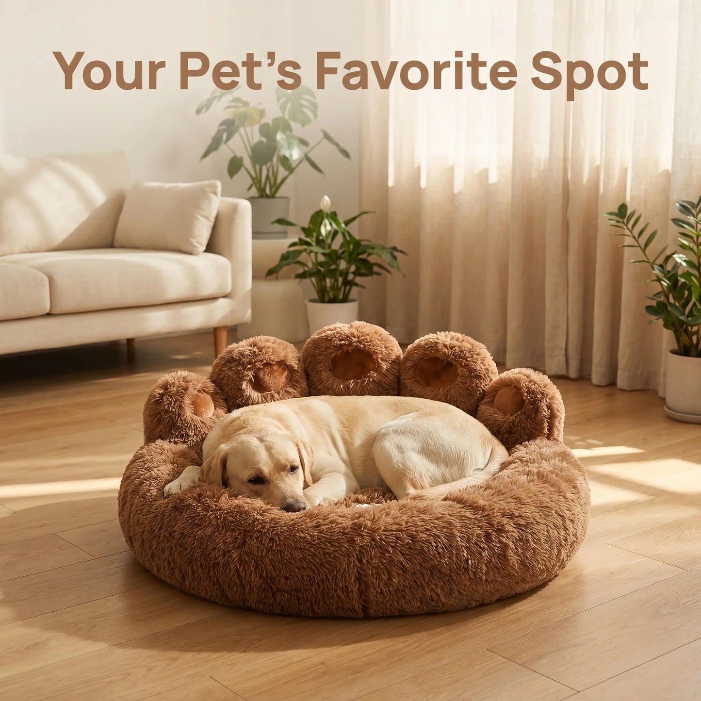 Calming Dog Bed Cat Bed, Cute Bear Paw Shape Plush Pet Bed, Warm Soft Fluffy Dog Bed with Removable Washable Cushion Non-Slip Bottom, 35.4In 43.3In in Khaki Gray Pink