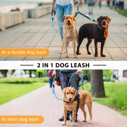 Double Dog Leash – Tangle Free Dual Leash with 360° Swivel, Shock Absorbing Bungee, Reflective Stitching & Hand-Braided Main Rope for Two Dogs