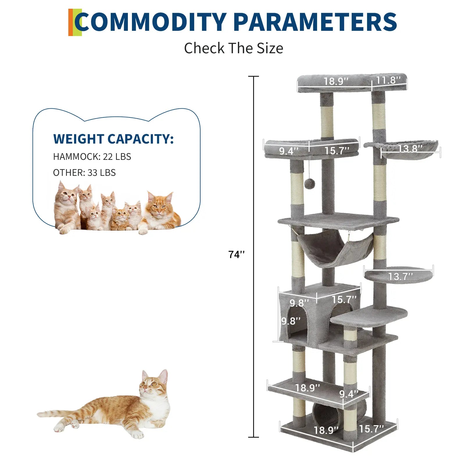 74-Inch Heavy-Duty Multi-Level Cat Tower for Large Cats with Condos, Hammock, and Sisal Scratching Posts - Stable Indoor Cat Playpen with Extra Wide Platforms in Grey