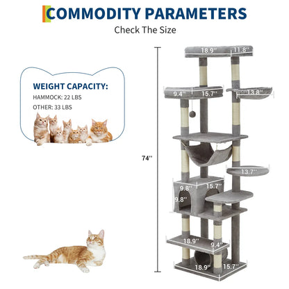 74-Inch Heavy-Duty Multi-Level Cat Tower for Large Cats with Condos, Hammock, and Sisal Scratching Posts - Stable Indoor Cat Playpen with Extra Wide Platforms in Grey