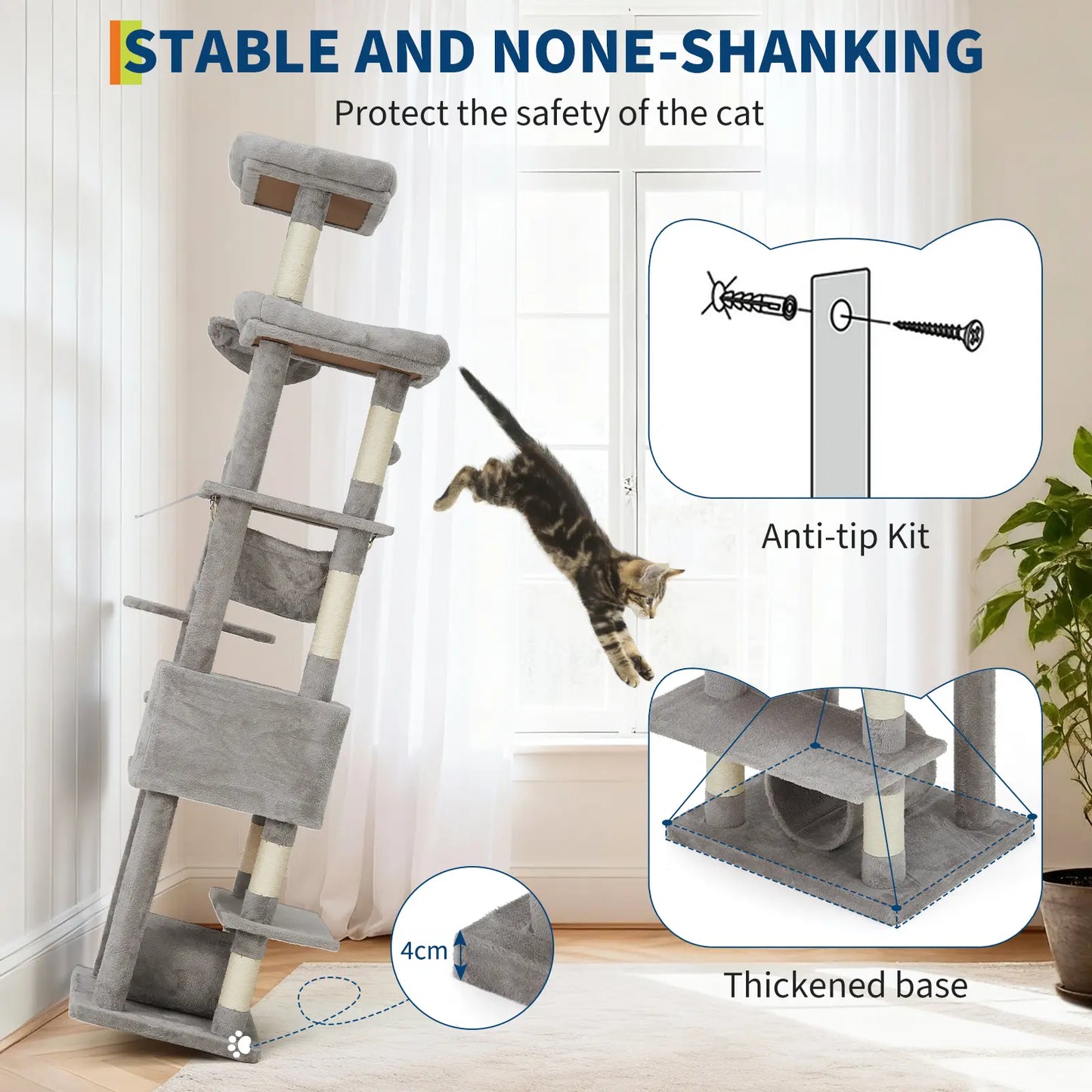 74-Inch Heavy-Duty Multi-Level Cat Tower for Large Cats with Condos, Hammock, and Sisal Scratching Posts - Stable Indoor Cat Playpen with Extra Wide Platforms in Grey