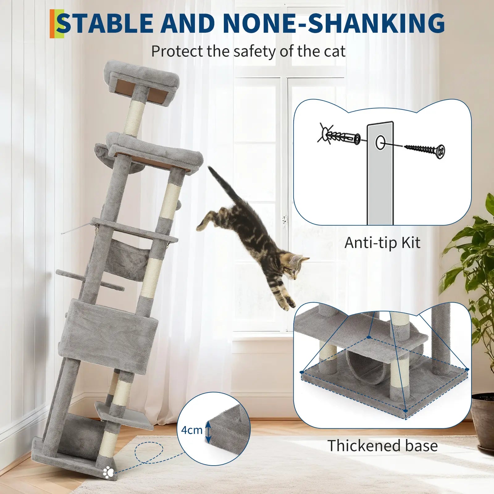 74-Inch Heavy-Duty Multi-Level Cat Tower for Large Cats with Condos, Hammock, and Sisal Scratching Posts - Stable Indoor Cat Playpen with Extra Wide Platforms in Grey