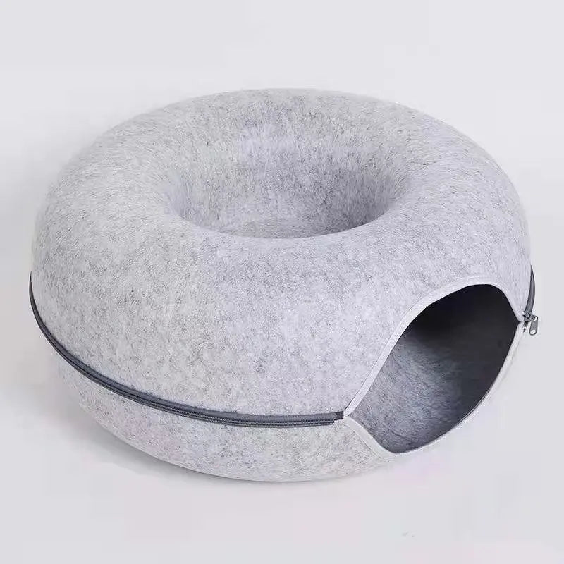 Felt Donut Cat Tunnel Bed, 2-In-1 Washable Detachable Pet Hideaway Cave, All-Season Warm Cozy Indoor Cat Sleeping Nest, Secure Zipper Design, Easy Disassembly Storage Shaped Beds