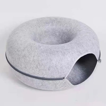 Felt Donut Cat Tunnel Bed, 2-In-1 Washable Detachable Pet Hideaway Cave, All-Season Warm Cozy Indoor Cat Sleeping Nest, Secure Zipper Design, Easy Disassembly Storage Shaped Beds