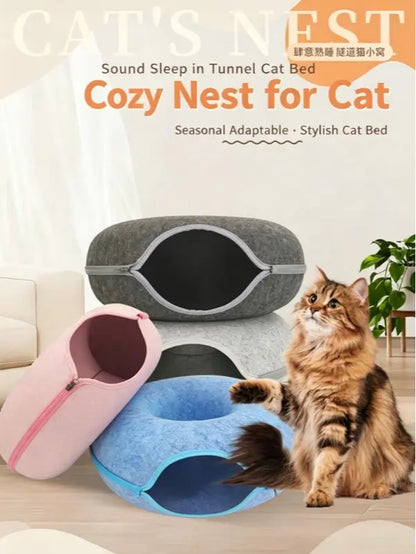 Felt Donut Cat Tunnel Bed, 2-In-1 Washable Detachable Pet Hideaway Cave, All-Season Warm Cozy Indoor Cat Sleeping Nest, Secure Zipper Design, Easy Disassembly Storage Shaped Beds