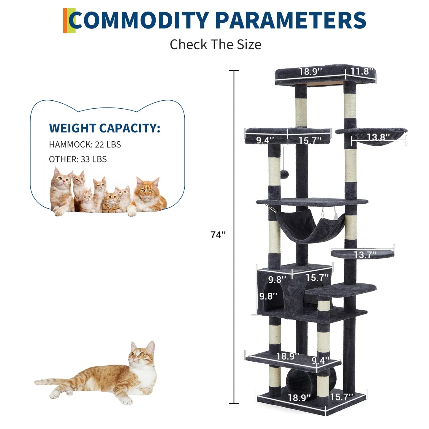 74-Inch Heavy-Duty Multi-Level Cat Tower for Large Cats with Condos, Hammock, and Sisal Scratching Posts - Stable Indoor Cat Playpen with Extra Wide Platforms in Grey