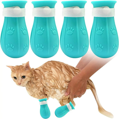 Cat Bathing Footwear – Set of 4 Pairs, Silicone Paw Protectors for Grooming, Ideal for Dogs and Cats – Safeguards Paws During Baths and Prevents Scratching, Durable and Trustworthy.