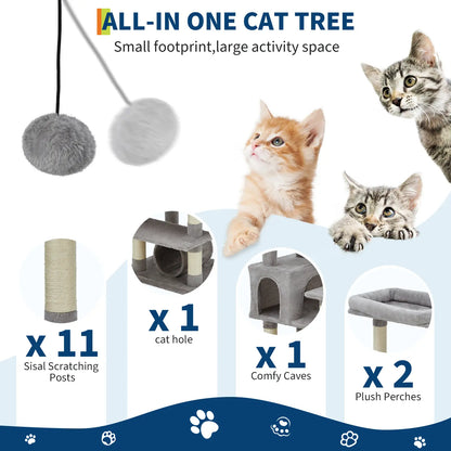 74-Inch Heavy-Duty Multi-Level Cat Tower for Large Cats with Condos, Hammock, and Sisal Scratching Posts - Stable Indoor Cat Playpen with Extra Wide Platforms in Grey
