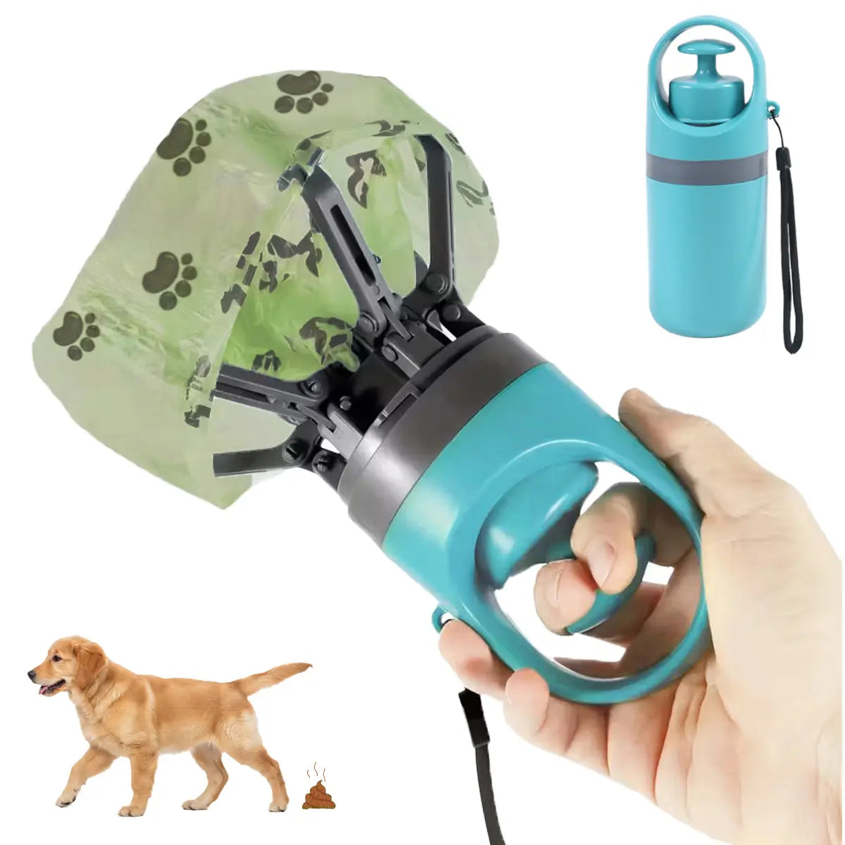 Dog Pooper Scooper - Portable No-Touch Outdoor Scooper with Teal Green Claw-Shaped Design, 15PCS Bag Attachment and Leak-Proof Waste Storage Container