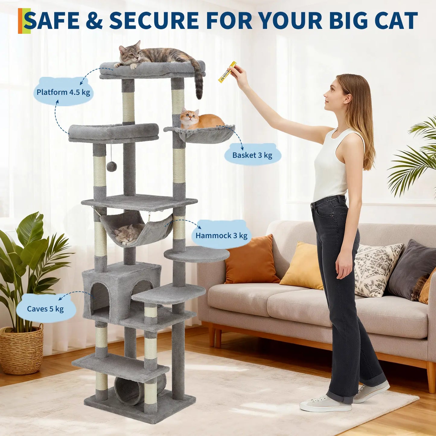 74-Inch Heavy-Duty Multi-Level Cat Tower for Large Cats with Condos, Hammock, and Sisal Scratching Posts - Stable Indoor Cat Playpen with Extra Wide Platforms in Grey