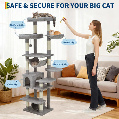 74-Inch Heavy-Duty Multi-Level Cat Tower for Large Cats with Condos, Hammock, and Sisal Scratching Posts - Stable Indoor Cat Playpen with Extra Wide Platforms in Grey