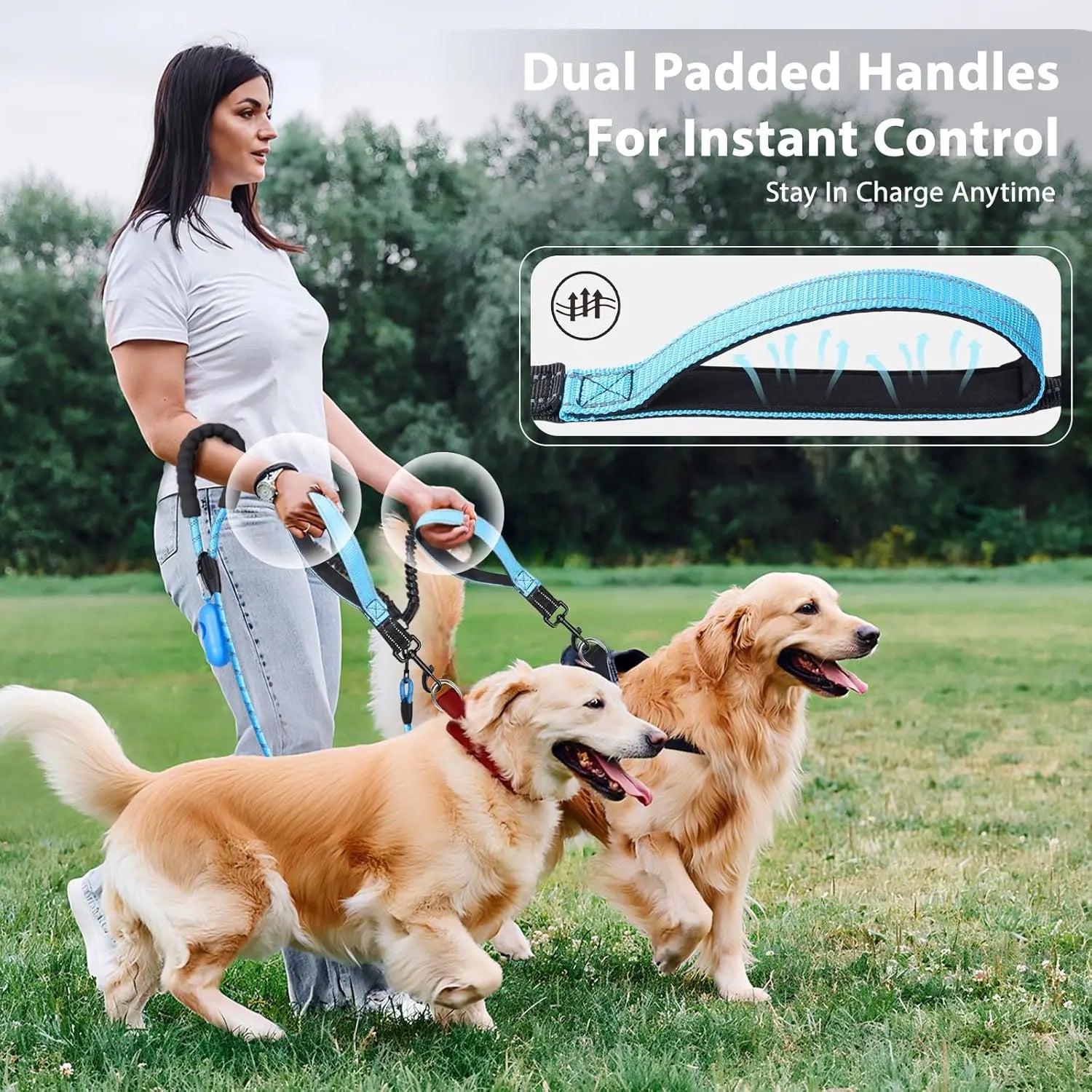 Double Dog Leash – Tangle Free Dual Leash with 360° Swivel, Shock Absorbing Bungee, Reflective Stitching & Hand-Braided Main Rope for Two Dogs