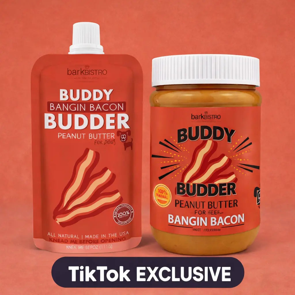 2Pk Bangin Bacon Buddy Budder Peanut Butter Dog Treats Bacon 17Oz + 4Oz Squeeze Pouch - All Natural, Use with Dog Enrichment, Training, Treating, Traveling