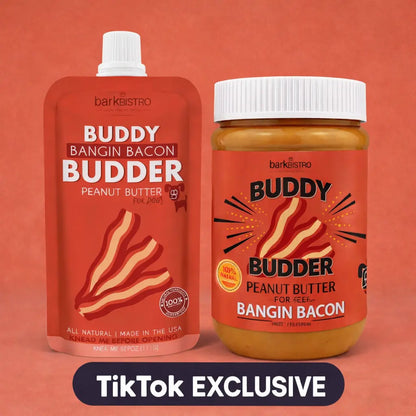 2Pk Bangin Bacon Buddy Budder Peanut Butter Dog Treats Bacon 17Oz + 4Oz Squeeze Pouch - All Natural, Use with Dog Enrichment, Training, Treating, Traveling