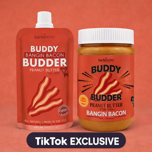 2Pk Bangin Bacon Buddy Budder Peanut Butter Dog Treats Bacon 17Oz + 4Oz Squeeze Pouch - All Natural, Use with Dog Enrichment, Training, Treating, Traveling