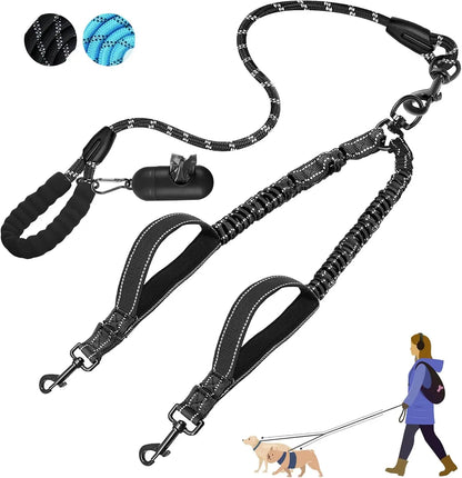 Double Dog Leash – Tangle Free Dual Leash with 360° Swivel, Shock Absorbing Bungee, Reflective Stitching & Hand-Braided Main Rope for Two Dogs