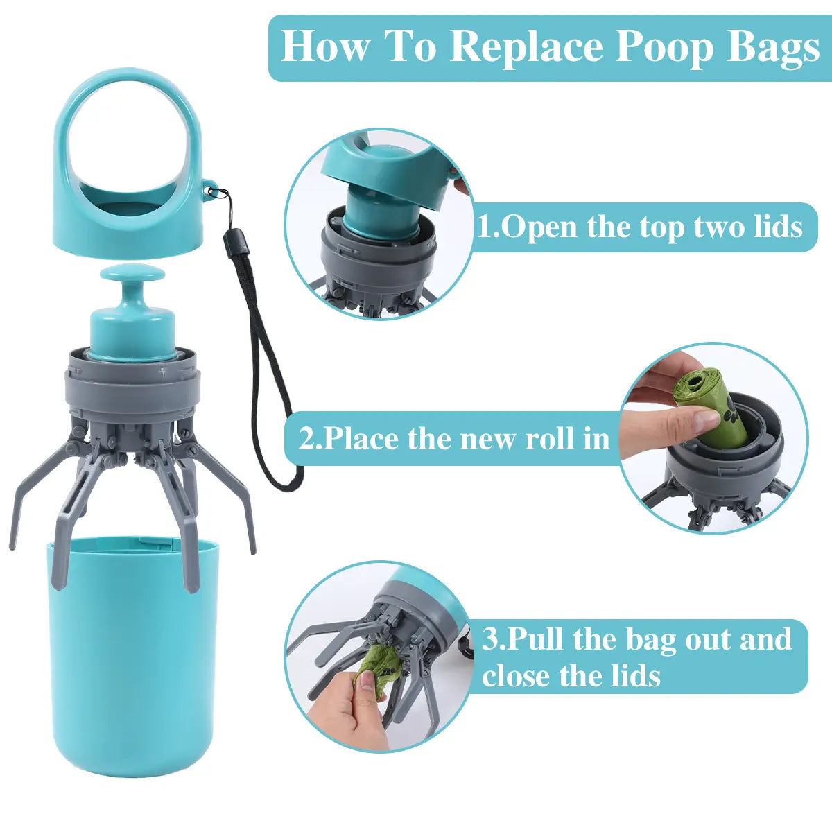 Dog Pooper Scooper - Portable No-Touch Outdoor Scooper with Teal Green Claw-Shaped Design, 15PCS Bag Attachment and Leak-Proof Waste Storage Container
