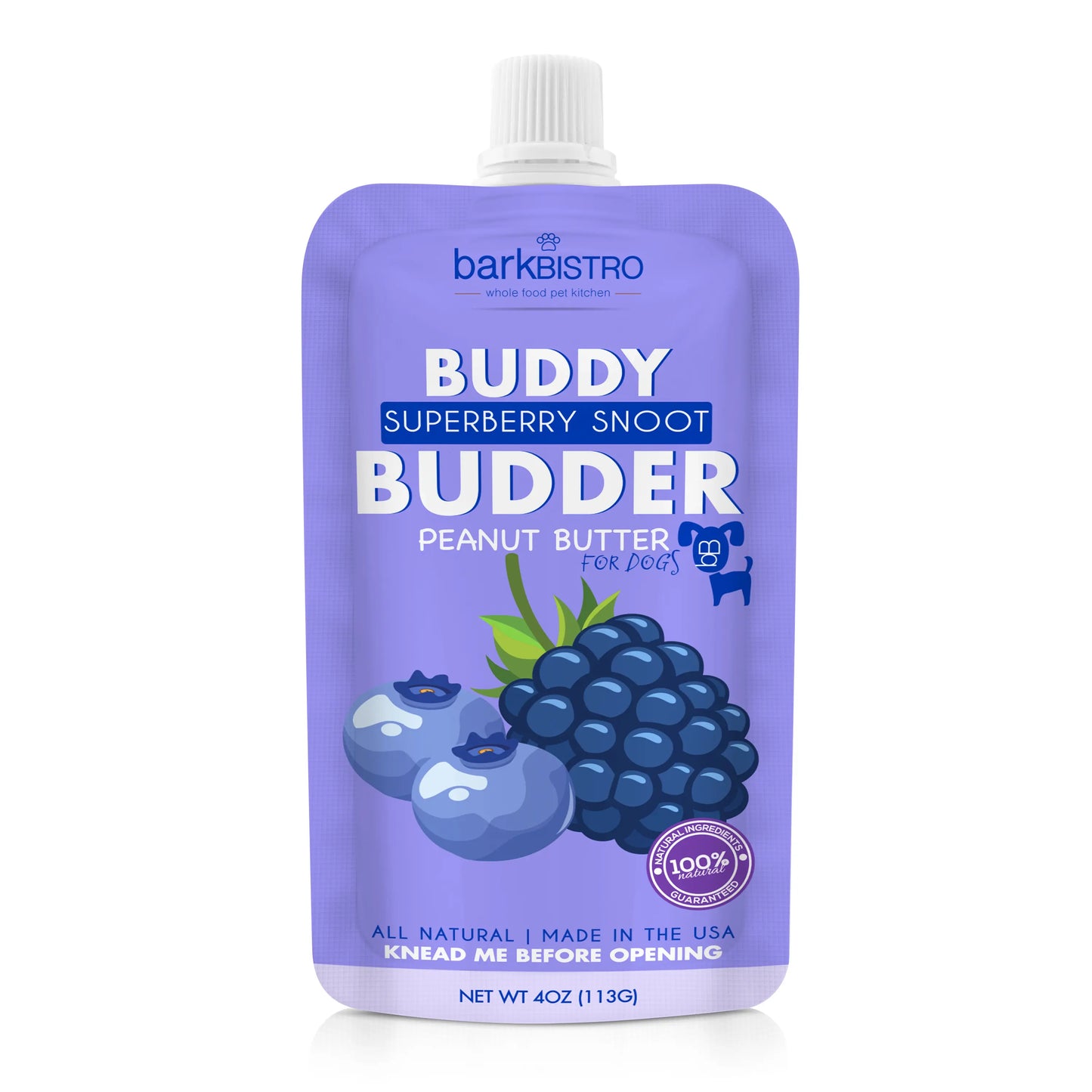 2Pk Superberry Snoot Buddy Budder Peanut Butter Dog Treats 17Oz + 4Oz Squeeze Pouch- Unsalted Peanuts & Strawberries, Natural, 12 Months, Single Item