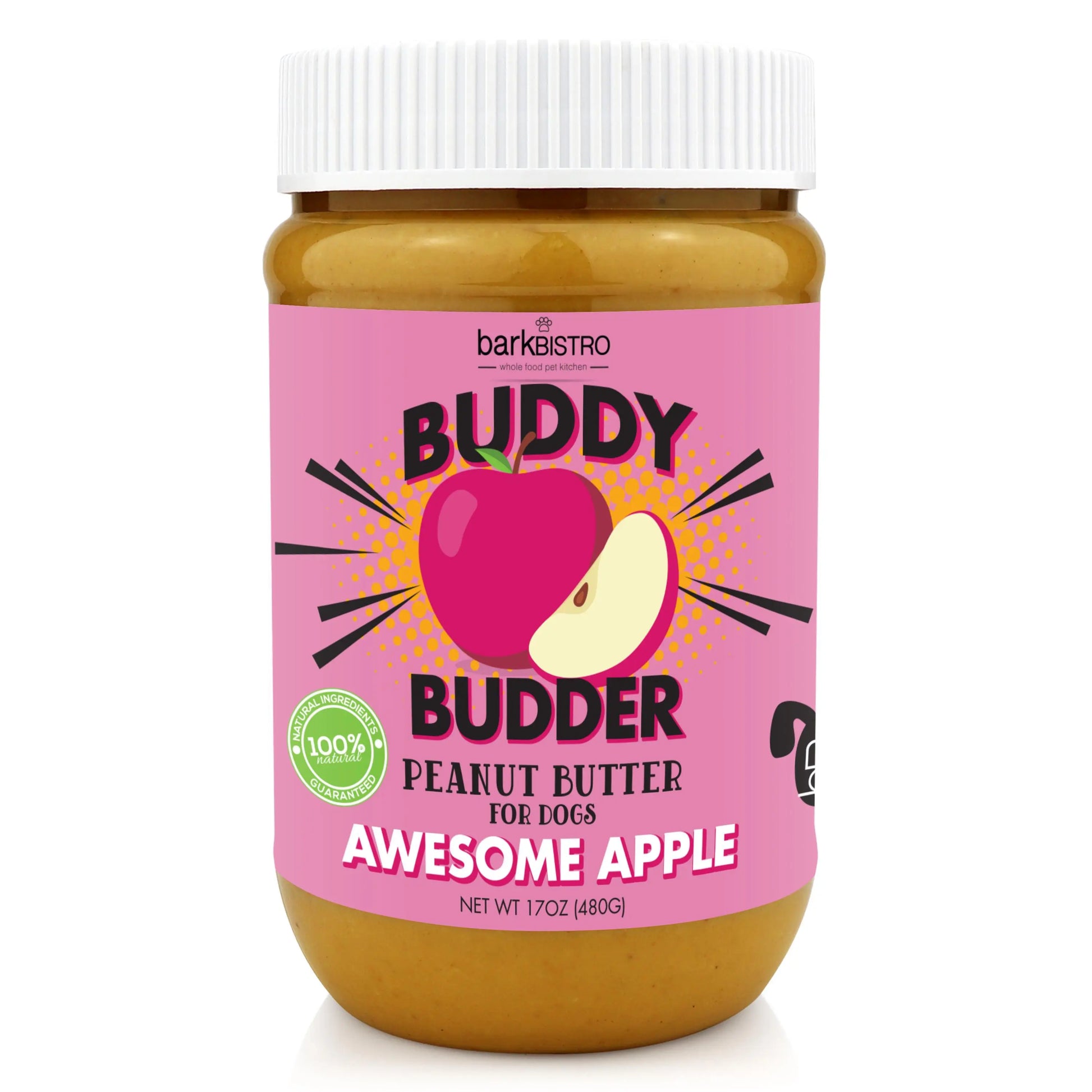 2Pk Awesome Apple Buddy Budder Dog Peanut Butter Treat 17Oz + 4Oz Squeeze Pouch - All Natural, Perfect for Dog Enrichment, Treating, Training, Traveling