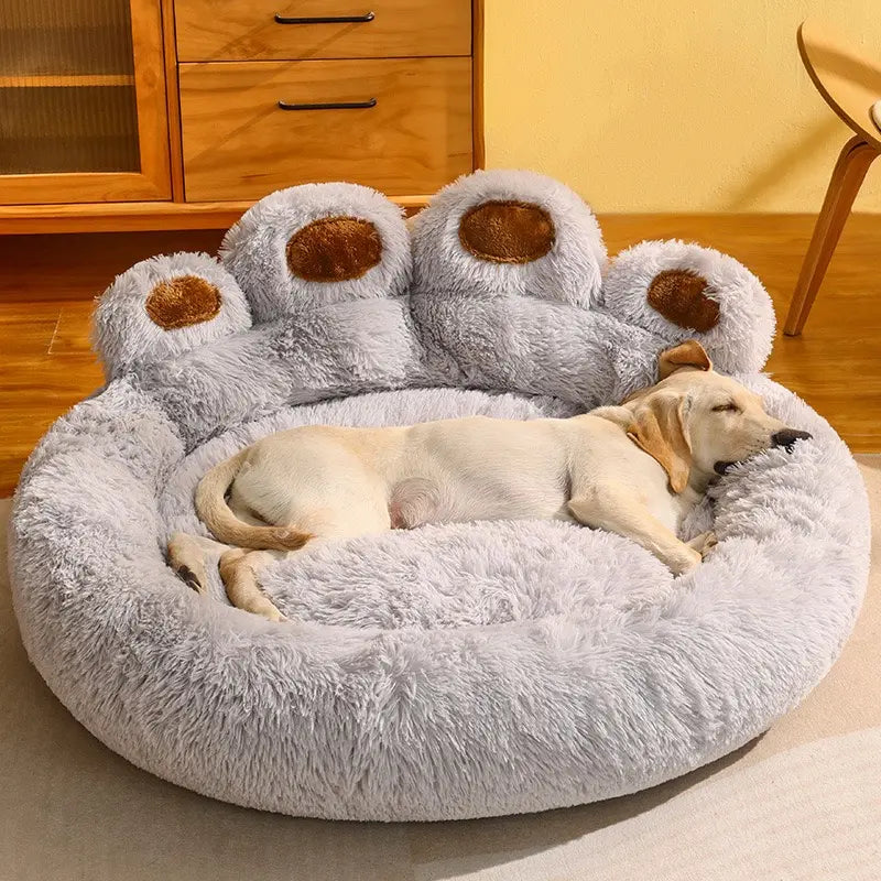 Calming Dog Bed Cat Bed, Cute Bear Paw Shape Plush Pet Bed, Warm Soft Fluffy Dog Bed with Removable Washable Cushion Non-Slip Bottom, 35.4In 43.3In in Khaki Gray Pink