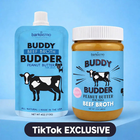 2Pk Beef Broth Budder Peanut Butter for Dogs - 17Oz + 4Oz Squeeze Pouch - Unsalted Beef Broth Treat, All Natural with No Added Sugar or Salt, Freezing Optional Protein Dog Food Meals