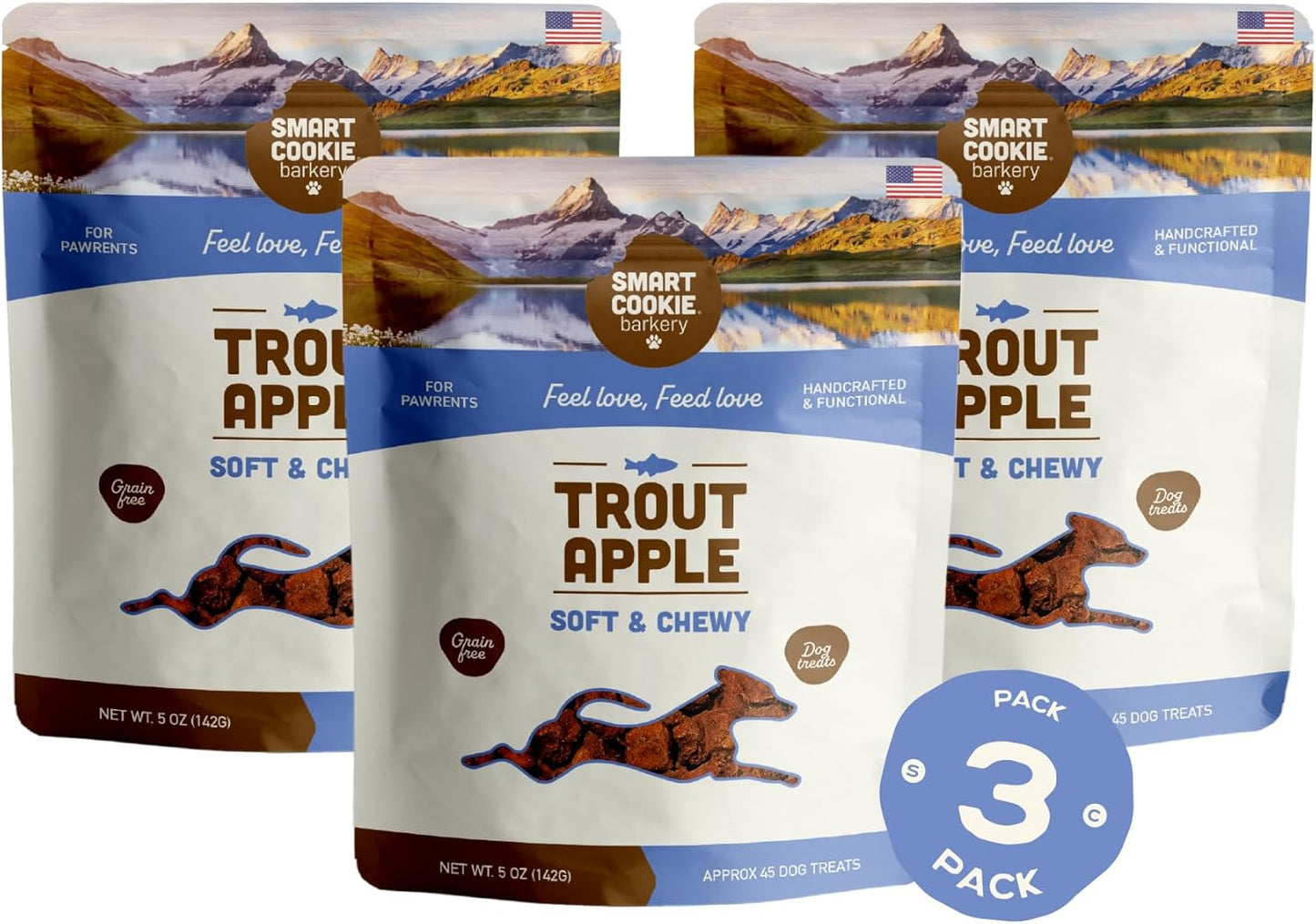 All Natural Dog Treats - Trout & Apple - Training Treats for Dogs with Allergies, Sensitive Stomachs - Soft Dog Treats, Grain Free, Chewy, Human-Grade, Made in USA - 5Oz, Pack of 3