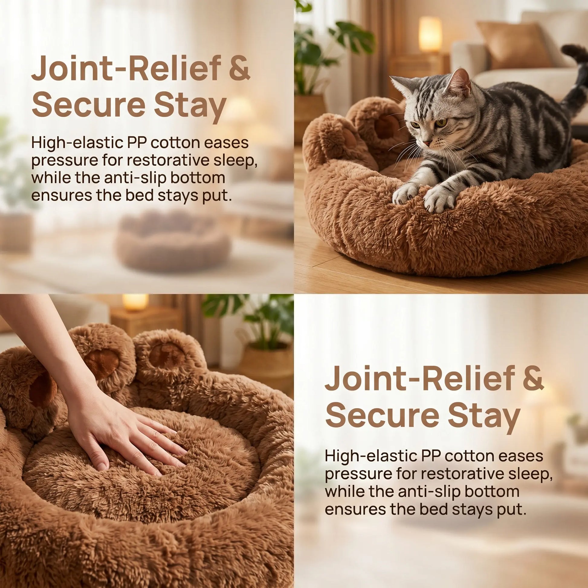Calming Dog Bed Cat Bed, Cute Bear Paw Shape Plush Pet Bed, Warm Soft Fluffy Dog Bed with Removable Washable Cushion Non-Slip Bottom, 35.4In 43.3In in Khaki Gray Pink