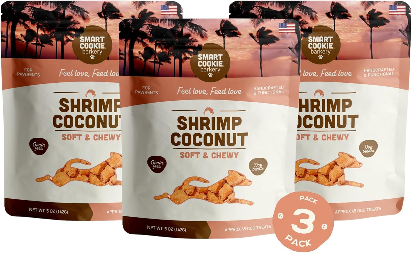 All Natural Dog Treats - Shrimp & Coconut - Training Treats for Dogs with Allergies, Sensitive Stomachs - Soft Dog Treats, Chewy, Grain Free, Human-Grade, Made in USA - 5Oz, Pack of 3