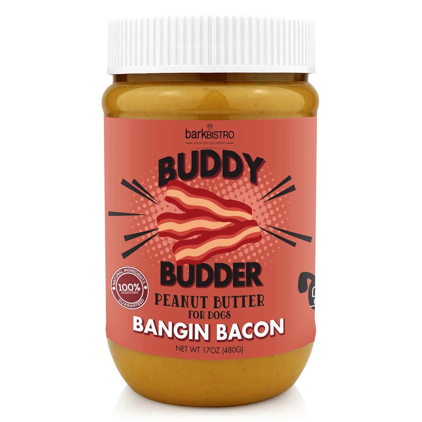 2Pk Bangin Bacon Buddy Budder Peanut Butter Dog Treats Bacon 17Oz + 4Oz Squeeze Pouch - All Natural, Use with Dog Enrichment, Training, Treating, Traveling