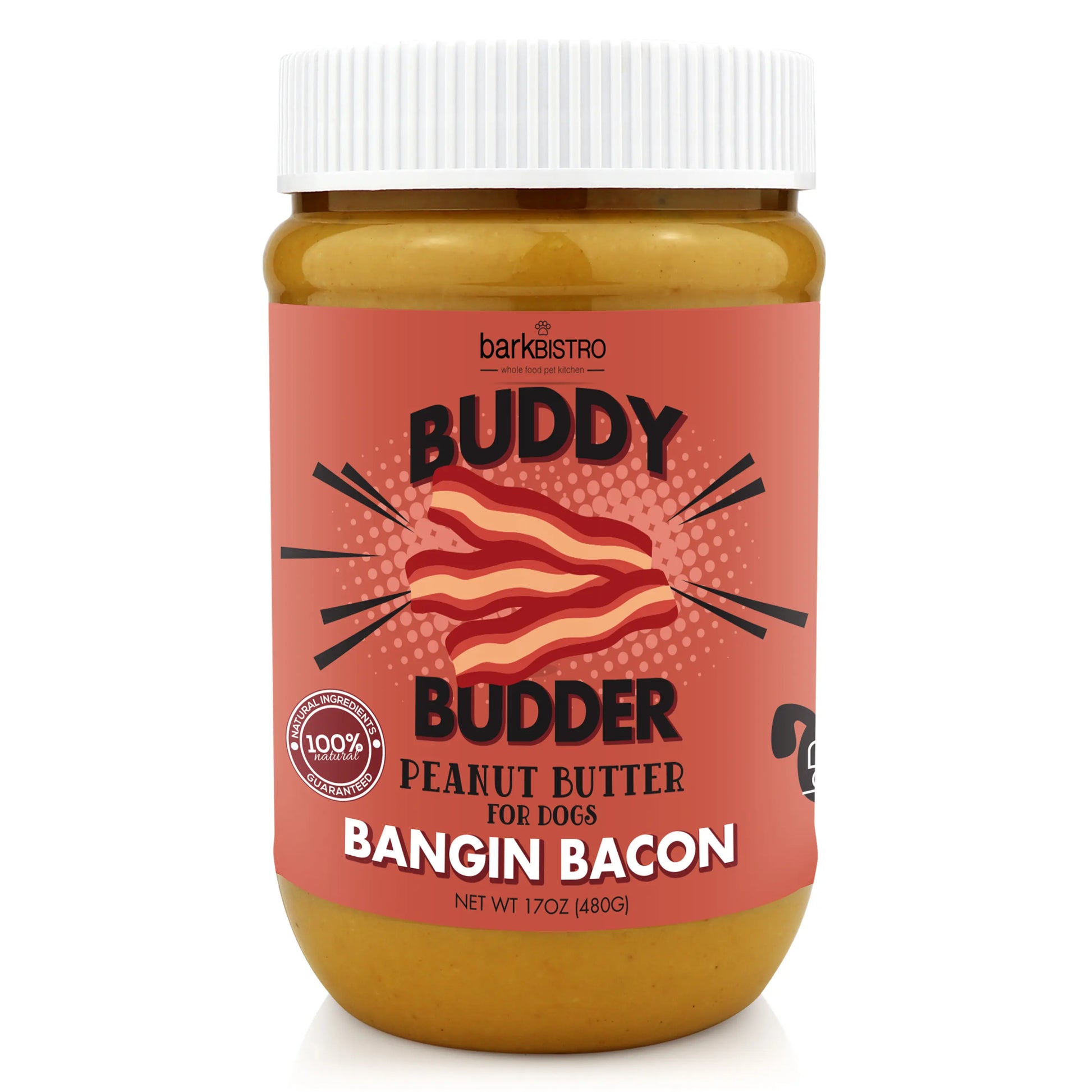 2Pk Bangin Bacon Buddy Budder Peanut Butter Dog Treats Bacon 17Oz + 4Oz Squeeze Pouch - All Natural, Use with Dog Enrichment, Training, Treating, Traveling