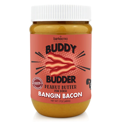2Pk Bangin Bacon Buddy Budder Peanut Butter Dog Treats Bacon 17Oz + 4Oz Squeeze Pouch - All Natural, Use with Dog Enrichment, Training, Treating, Traveling